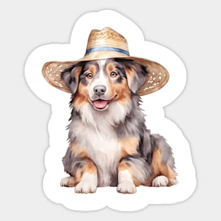 Watercolor Australian Shepherd Dog in Straw Hat Sticker